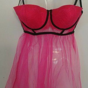 Victoria's Secret Very Sexy Lace Lingerie 36C Hot Pink Baby doll Tulle TuTu $68
